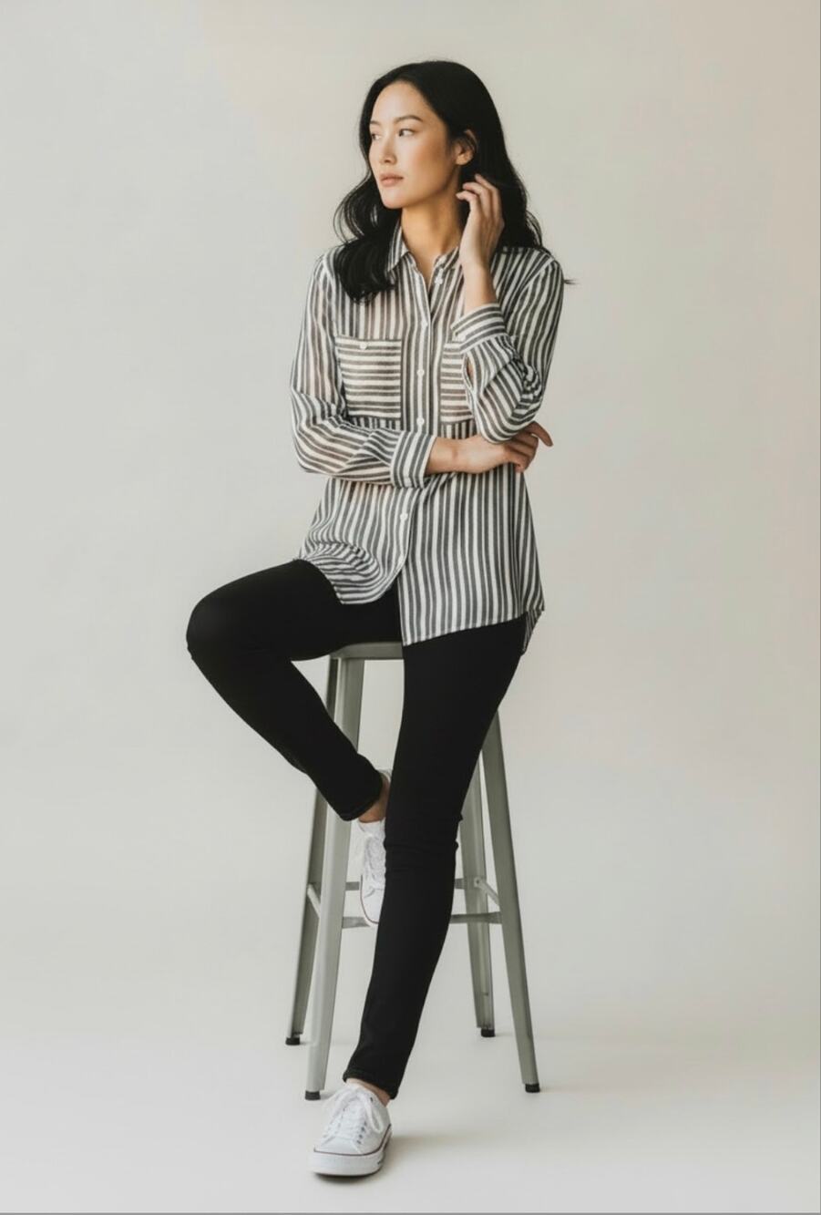 Sanctuary Tomboy Shirt Black Ivory Striped Soft Longsleeve Blouse Womens Large